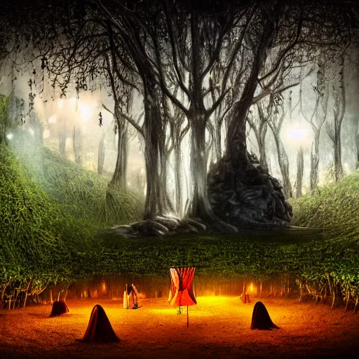 Prompt: Highly sophisticated circus tent in front of a strange cave entrance in mystical forest with glowing fireflies in the tree trunks and vines hanging from the branches, haunted, creepy ambiance, desaturated, fog, sharp focus, magical, refined, beautiful, eerie, artsy, cinematic