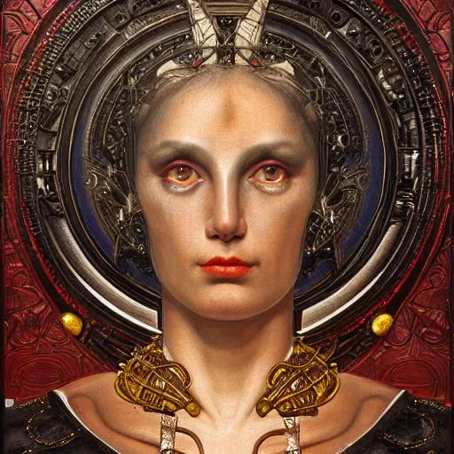 Prompt: baroque neoclassicist close - up renaissance portrait of a primitive art deco android priestess, glowing eyes. reflective detailed textures, highly detailed fantasy science fiction painting by moebius, norman rockwell and saturno butto and jean delville. elaborate geometric ornament, rich colors. artstation