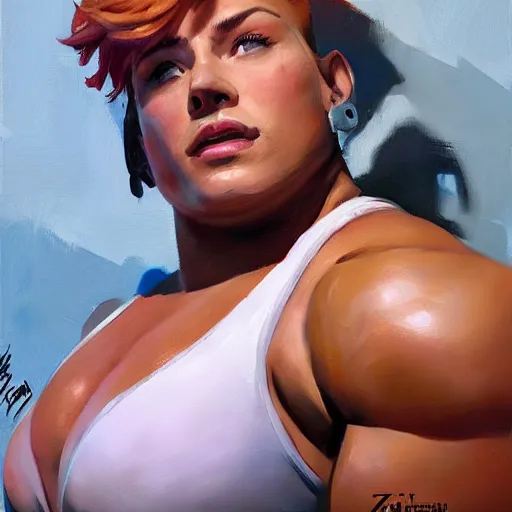 Image similar to greg manchess portrait of thick muscular weightlifter zarya from overwatch with ponytail and blond hair sleeping on bed, medium shot, asymmetrical, profile picture, organic painting, sunny day, matte painting, bold shapes, hard edges, street art, trending on artstation, by huang guangjian and gil elvgren and sachin teng