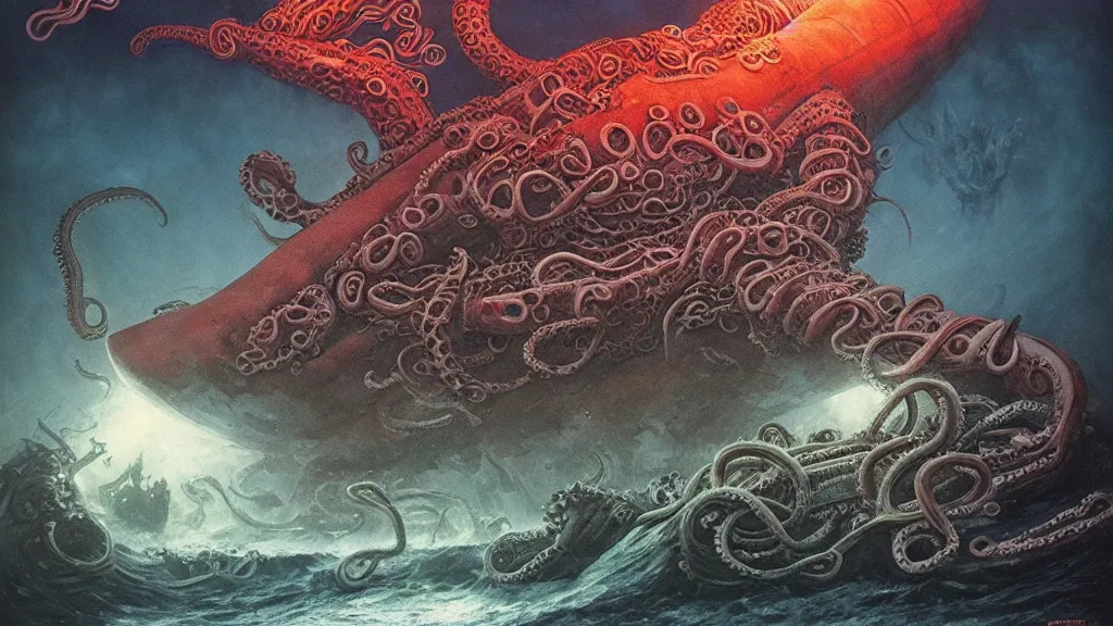 Prompt: soviet submarine destroyed by cthulhu, tentacles, elegant, beautifully soft lit, full frame, 8 k by wayne barlowe, peter mohrbacher, kelly mckernan, h r giger