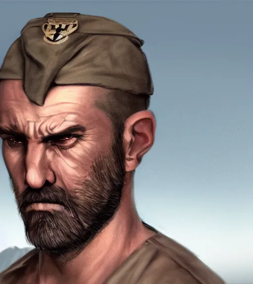Image similar to portrait of muscular, tired and alcoholic 3 0 - year - ol 5 grieving man with short darkblonde hair, serious sad look in his eyes, looking down, dirty beard, blue eyes, crying tears, wearing dirty soldier uniform, on the desert, sad atmosphere, hyper realistic face, character art, art by mark brooks, cryengine, trending on artstation, digital art