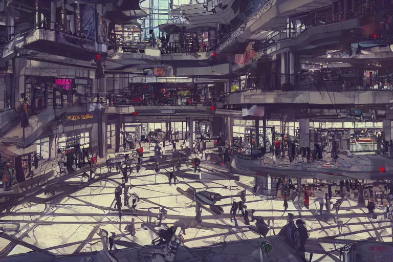 Image similar to dystopian shopping mall interior cyberpunk depressing, Benjamin Last