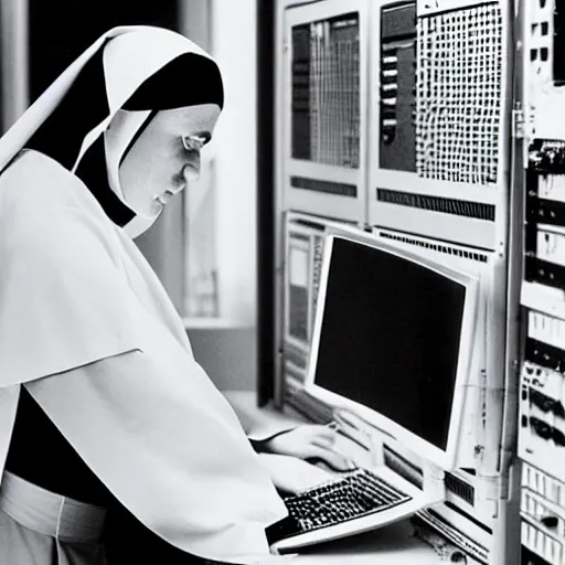 Image similar to award - winning photograph of a nun hunched over a computer while she hacks into the mainframe. the nun's face is beautiful and detailed