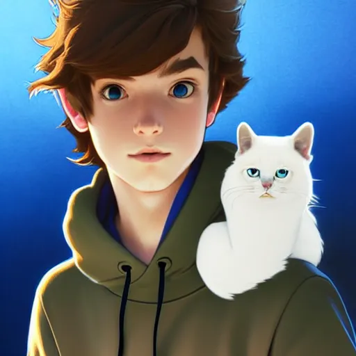 Prompt: teen boy with brown hair and big blue eyes, wearing a hoodie, holding a fluffy white persian cat, natural lighting, path traced, highly detailed, high quality, digital painting, by don bluth and ross tran and studio ghibli and alphonse mucha, artgerm, breath of the wild