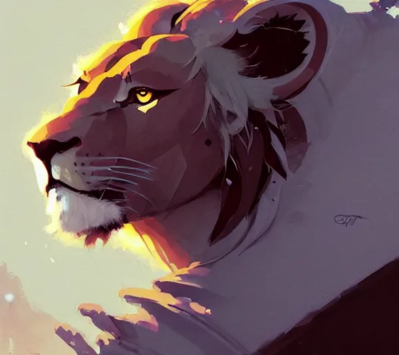 Image similar to portrait of lion knight, fantasy, by atey ghailan, by greg rutkowski, by greg tocchini, by james gilleard, by joe fenton, by kaethe butcher, by ashley wood, dynamic lighting, gradient light blue, brown, blonde cream and white color scheme, grunge aesthetic