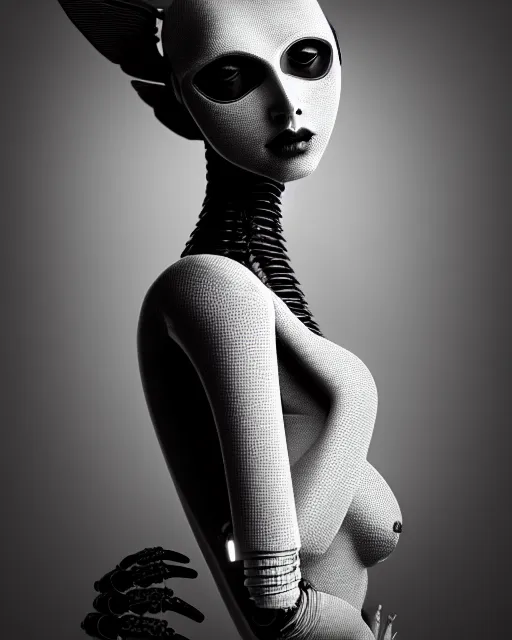 Prompt: surreal mythical dreamy dark artistic black and white fine art 3 / 4 fashion portrait photo of a young beautiful delicate female robot with orchid - owl face, rim light, cinematic, studio dramatic light, poetic, masterpiece, octane render, 8 k, photo - realistic by hg giger and man ray