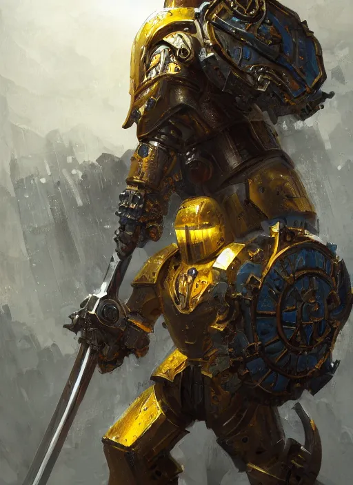 Image similar to dynamic portrait of a intricate glorious holy mechanical warforged character in yellow armor holding a paladin engraved great longsword and carrying a big paladin shield, spotlight from face , epic , trending on ArtStation, masterpiece, cinematic lighting, by Greg Rutkowski and by John Salminen and by Jackson Pollock and by Marc Simonetti