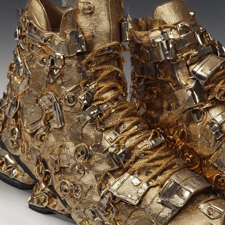 Image similar to futuristic balenciaga sneakers, nft art, highly detailed, hyper realistic, a ton of bussdown iced gold bling in wallace & gromit strata - cut claymation, ultra realistic, concept art, intricate details, serious, highly detailed, photorealistic, octane render, 8 k, unreal engine