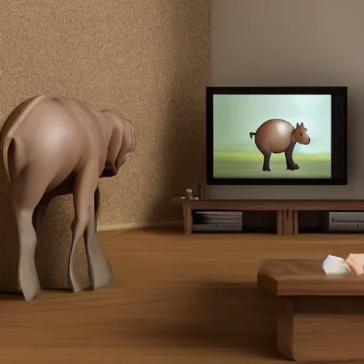 Image similar to a baby hippo pony live in a cozy house and watch tv in the family room. 3 d render.