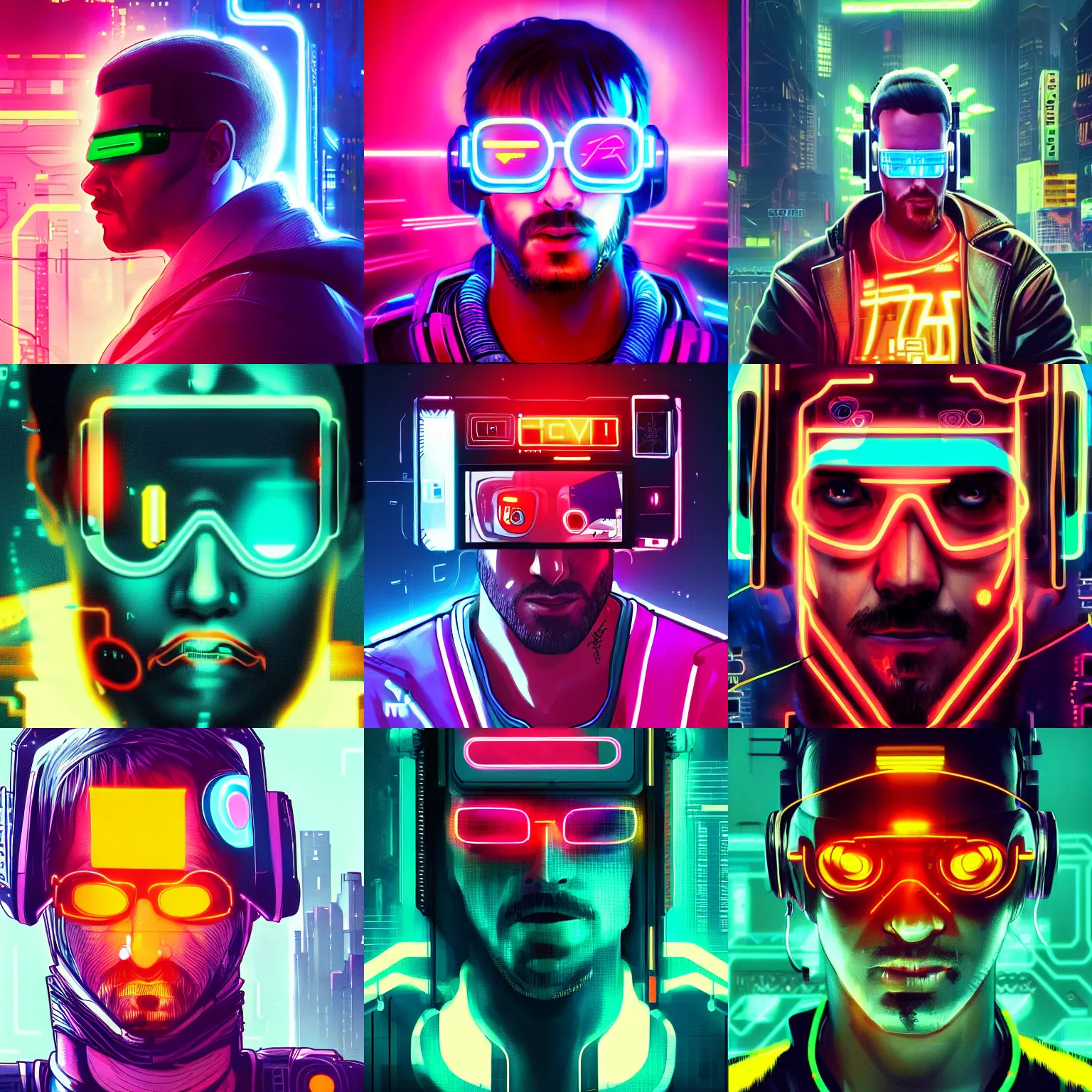 Prompt: beautiful cyberpunk artwork of a man with a tv screen on his face, neon lights, neon city, cyberpunk 2 0 7 7, deviantart, artstation