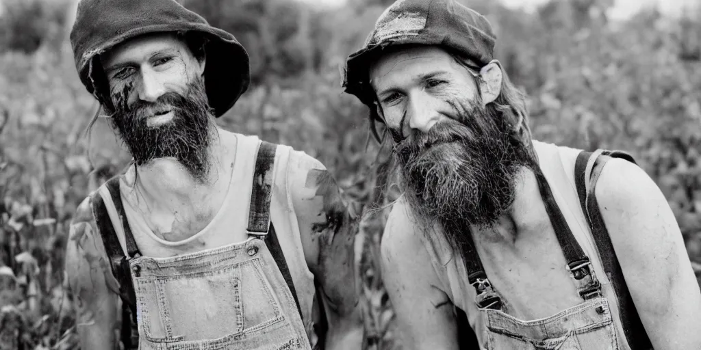 Image similar to extremely skinny malnourished redneck white male with long beard, wearing dirty overalls, dirty greasy face, grin, portrait, close up, kodak gold 2 0 0, 5 0 mm,