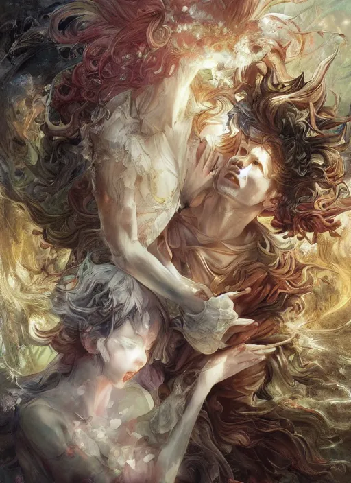 Prompt: regeneration can only be attained by two souls working in unison and harmony, baroque, rococo, dramatic, elaborate, emotive, and transcendental , painted by Yoshitaka Amano, WLOP, and CASIMIR