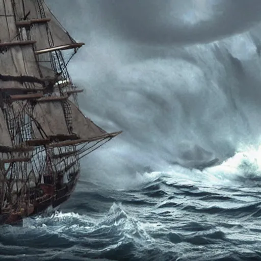 Image similar to tall ship with ripped sails caught in giant whirlpool in a hurricane. pirates of the caribbean 4 k