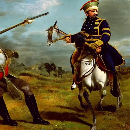 Image similar to Danny DeVito in Napoleonic officer's uniform, riding on horseback in a battlefield