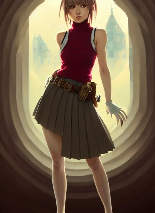 Image similar to portrait of a full body of beautiful young female detective, d & d, sleeveless turtleneck, pleated skirt, fantasy, flat lighting, intricate, highly detailed, digital painting, artstation, concept art, smooth, sharp focus, illustration, misa amane, art by simon bisley and greg rutkowski and alphonse mucha, natural tpose
