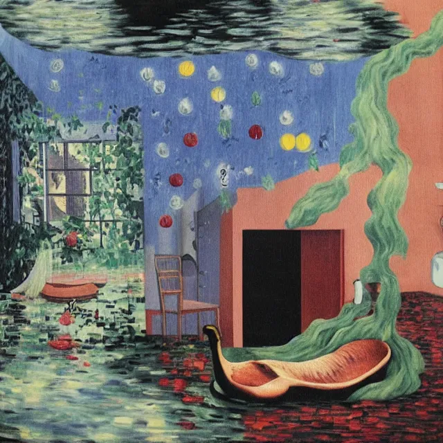 Image similar to painting of flood waters inside an apartment, emo catgirl art student, a river flooding inside, taps with running water, tangelos, zen, pigs, ikebana, water, river, rapids, waterfall, black swans, canoe, pomegranate, berries dripping, acrylic on canvas, surrealist, by magritte and monet