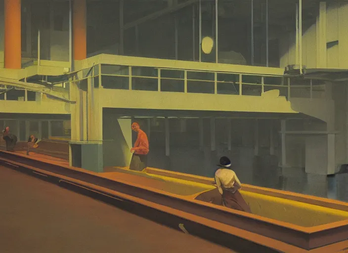 Image similar to conveyor belt with people in a flooded warehouse Edward Hopper and James Gilleard, Zdzislaw Beksinski, highly detailed