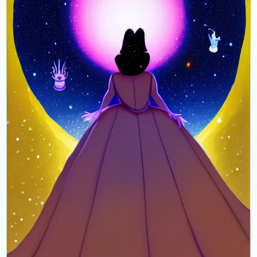 Image similar to Disney art, big goth GF floating in the endless void, past planets and stars, she is huge, light-years in size