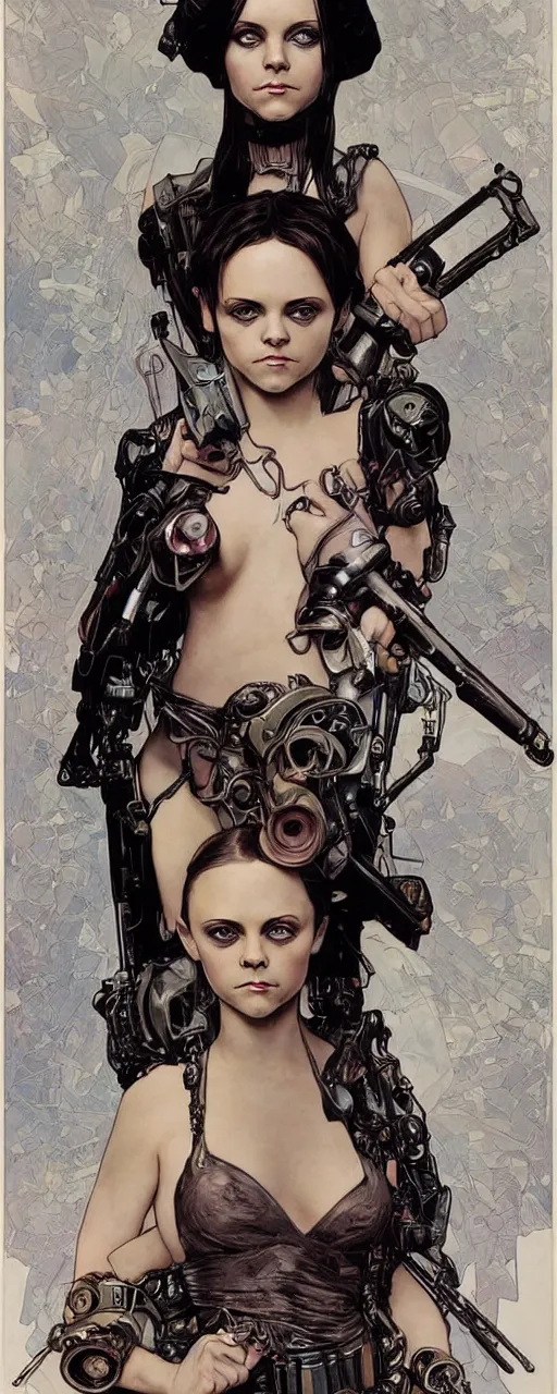 Prompt: striking sensual industrial art nouveau style portrait of christina ricci as a cyberpunk heavy metal rebel soldier by travis charest, simon bisley and alphonse mucha, photorealism, extremely hyperdetailed, perfect symmetrical facial features, perfect anatomy, ornate declotage, weapon, latex, excited expression, wild eyes