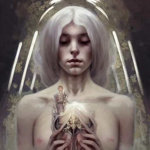 Image similar to portrait of a beautiful ethereal delicate roman catholic bishopress meditative sacral pose catholic stages of the cross, white hair, intricate, elegant, highly detailed, digital painting, artstation, concept art, smooth, sharp focus, illustration, art by krenz cushart and artem demura and alphonse mucha