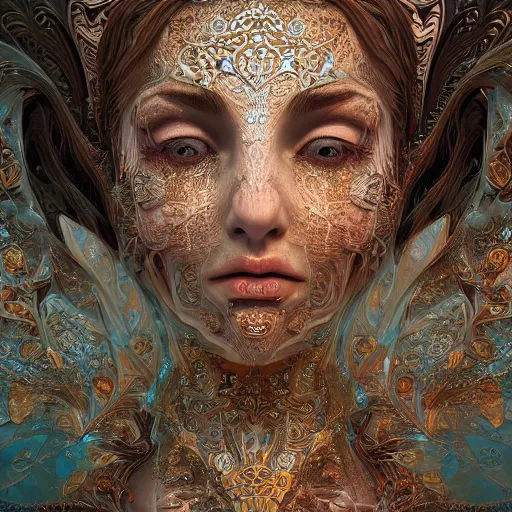 Image similar to wonderful princess of fractals and patterns, beautiful face, hyper detailed, background intricate and detailed, ornate 8 k gorgeous intricate detailed, octane render