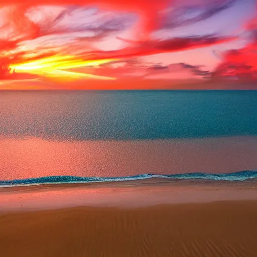 Image similar to Photo of the middle of the ocean, tiny, hilly islands made of sand, a couple of palm trees, sunset, pink clouds, dreamy, enchanting, ultrarealistic, establishing shot