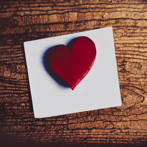 Image similar to instant photograph of letters on a dark wood table, red heart stamped, polaroid, light leak, depth of field