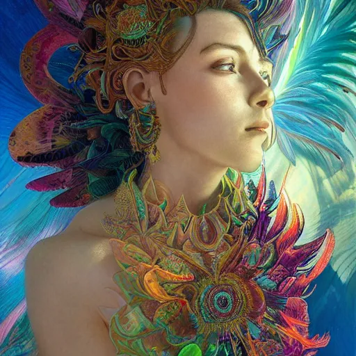 Image similar to A reality bending psychedelic ayahuasca experience, colorful, distorted, surreal, tropical bird feathers, dramatic lighting on the face, intricate, elegant, highly detailed, digital painting, concept art, smooth, sharp focus, illustration, art by Krenz Cushart and Wayne Barlowe and alphonse mucha