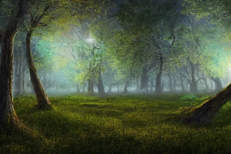 Prompt: masterpiece painting, fireflies cloud illuminating an old antic oak forest at night, spiral movement, peaceful scene, light fog, 8 k octane render, atmospheric effects, by jean hugo, motion blur, artstation, deviantart