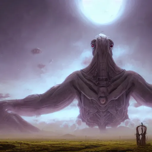 Prompt: a digital painting of a gigantic big enormous humanoid monster standing in the sky, concept art by simon stalenhag and peter mohrbacher cgsociety, vanitas, ominous, lovecraftian, speedpainting, apocalypse art. mist. hyper - realistic. photo realistic. octane render. intricate detailed masterpiece. extreme wide shot. realistic shaded dynamic lighting