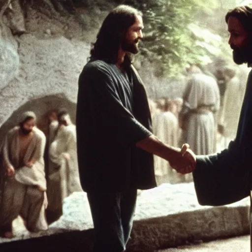 Prompt: film still of Homelander shaking jesus's hand