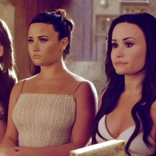 Image similar to Demi Lovato as Piper Halliwell and Selena Gomez as Phoebe Halliwell and Ariana Grande as Prue Halliwell in a Charmed movie directed by Christopher Nolan, movie still frame, promotional image, imax 35 mm footage