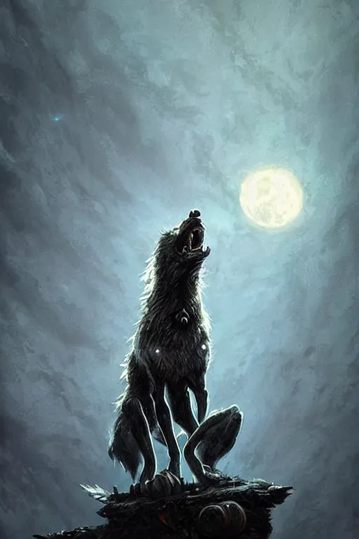 Prompt: lovecraftian wolf howling at the full moon, full moon, moon, digital art, magic the gathering, mtg, by greg rutkowski, trending on artstation