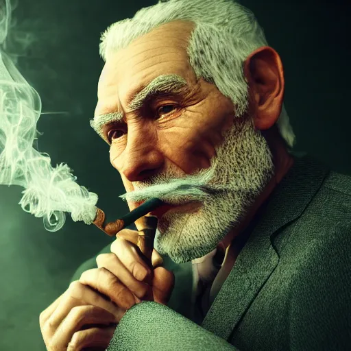 Image similar to portrait of old man smoking pipe, the smoke turns into his gray hair, realistic 4k octane beautifully detailed render, 4k post-processing, highly detailed, intricate complexity, epic composition, magical atmosphere, cinematic lighting, masterpiece, ultra hd