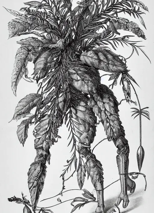 Image similar to fantasy scientific botanical illustration of a large bushy plant that walks around with human legs
