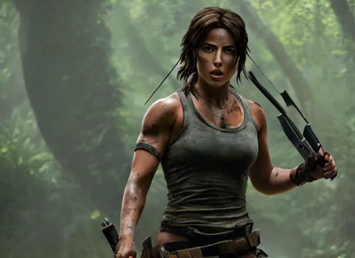 Image similar to film still of!!!! chloe bennett!!! as lara croft in new tomb raider movie, 8 k