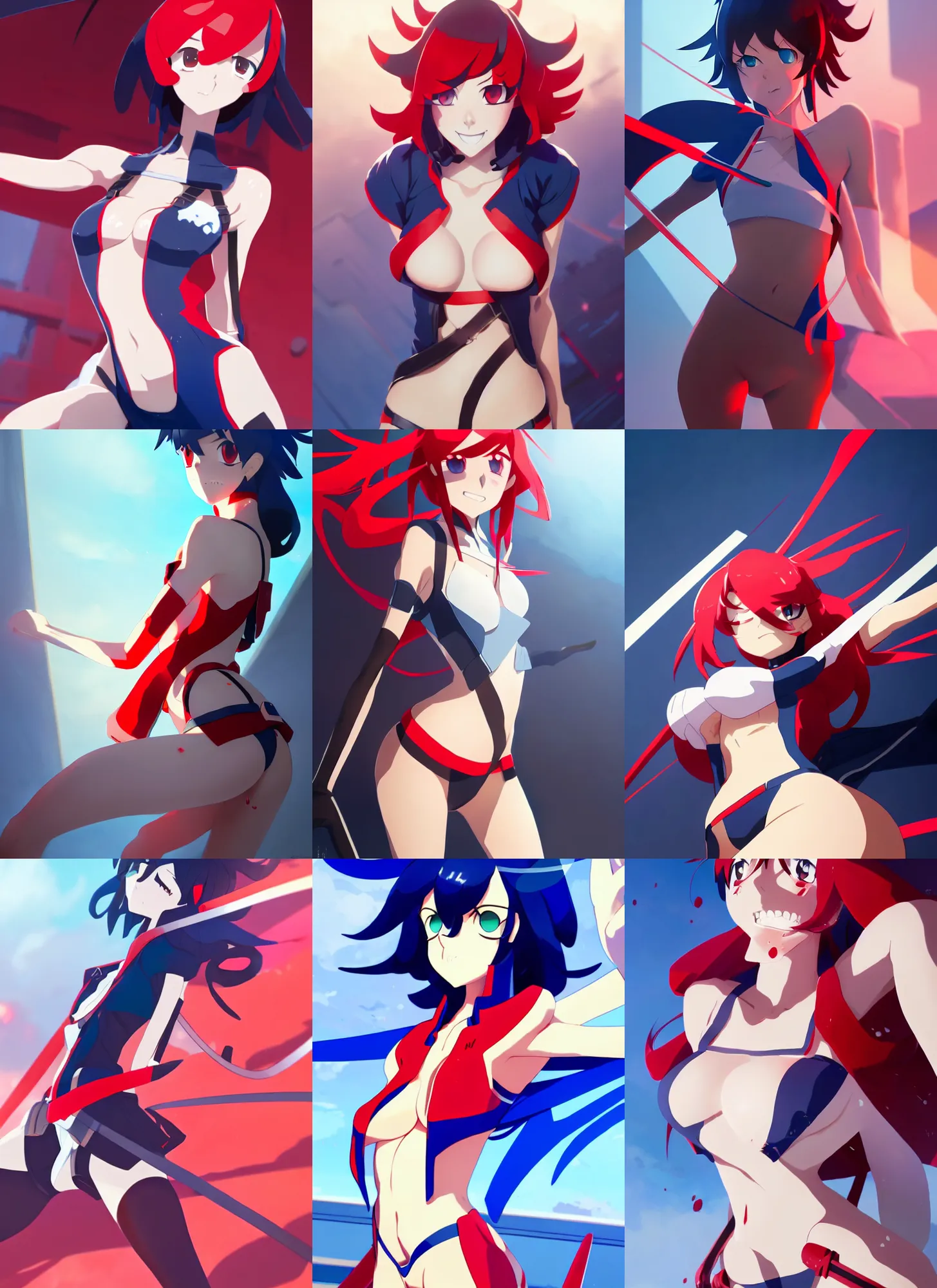 Prompt: attractive Matoi Ryuko , hourglass slim figure , juicy , full body shot close up , view from above , blue and red hair , seductive smile , details, sharp focus , Kill la Kill illustration , Trigger anime , by Jordan Grimmer and greg rutkowski , Trending artstation , pixiv , digital Art