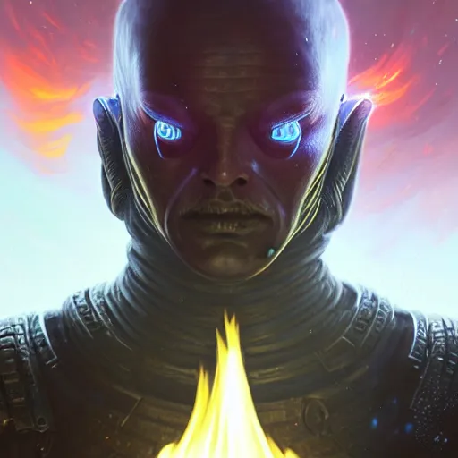 Image similar to highly detailed portrait of an alien with fire powers, in skyrim, stephen bliss, 8 k, unreal engine, fantasy art by greg rutkowski, loish, rhads, ferdinand knab, makoto shinkai and lois van baarle, ilya kuvshinov, rossdraws, tom bagshaw, global illumination, radiant light, detailed and intricate environment