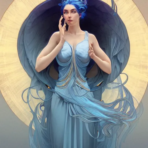 Image similar to goddess, blue hair, intricate, elegant, ethereal, highly detailed, retro, digital painting, artstation, concept art, smooth, sharp focus, full body shot, illustration, art by artgerm and greg rutkowski and alphonse mucha