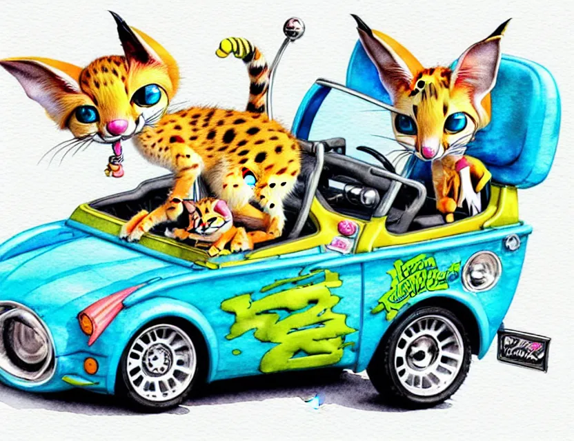 Image similar to cute and funny, serval riding in a tiny hot rod with oversized engine, ratfink style by ed roth, centered award winning watercolor pen illustration, isometric illustration by chihiro iwasaki, edited by range murata, tiny details by artgerm and watercolor girl, symmetrically isometrically centered