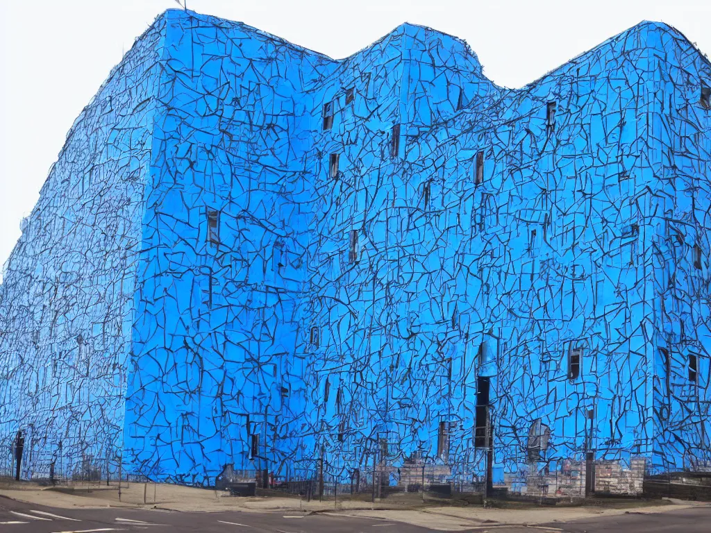 Prompt: a perfect hyperrealist colour photograph of a building covered in giant blue plastic tumours, representing the iniquities of modern western society.