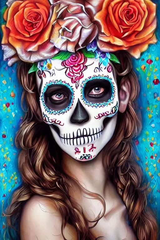 Prompt: Illustration of a sugar skull day of the dead girl, art by Mark Arian