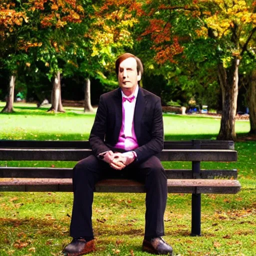 Image similar to saul goodman sitting at a park picnic bench