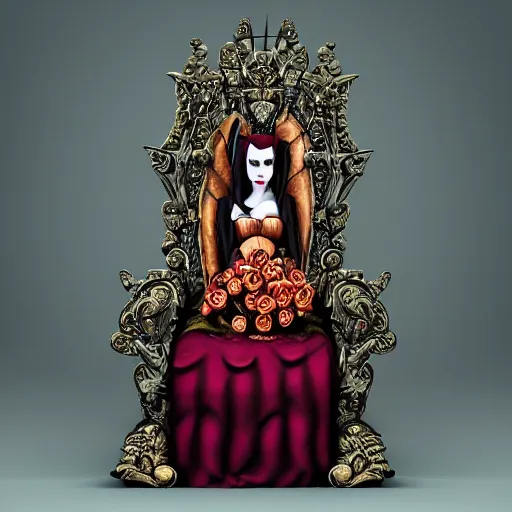 Image similar to vampire queen on treasure throne with roses and holes and gemstones