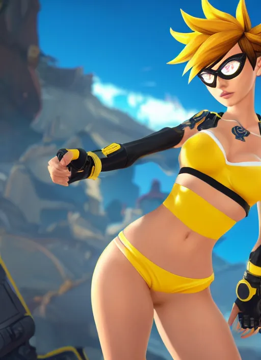 tracer game character, in black bikini, blonde hair