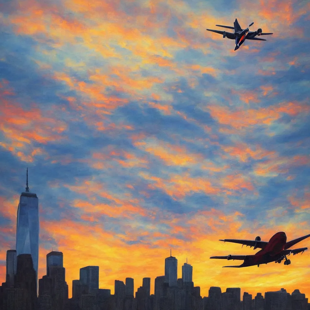 Image similar to Photorealistic painting of a plane flying straight into World Trade Center with a beautiful sunset in the background