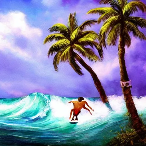 Prompt: beautiful atmospheric painting of a baby monkey surfing big waves, tropical, turquoise water, palm trees