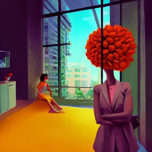 Image similar to closeup, giant flower head, woman next to modern windows, luxury apartment, surreal photography, dramatic light, impressionist painting, digital painting, artstation, james gilleard