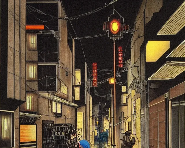 Image similar to cozy dark street with in a cyberpunk city on a rainy melancholy osaka night in 1 9 9 6 by de chirico