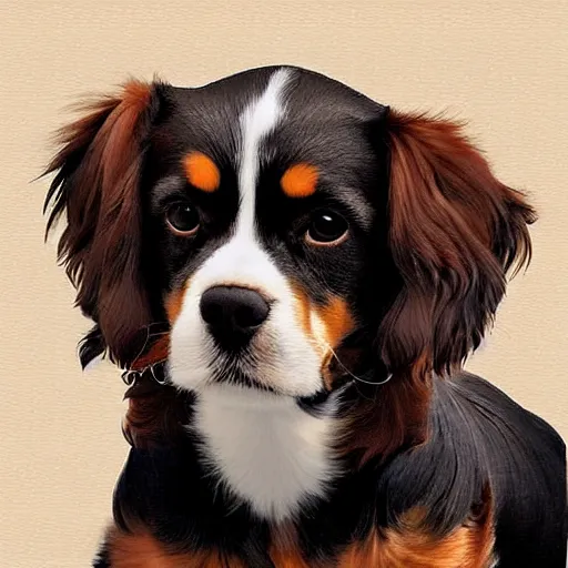 Image similar to digital art, black cavalier king charles sitting with a all brown short haired dashhound